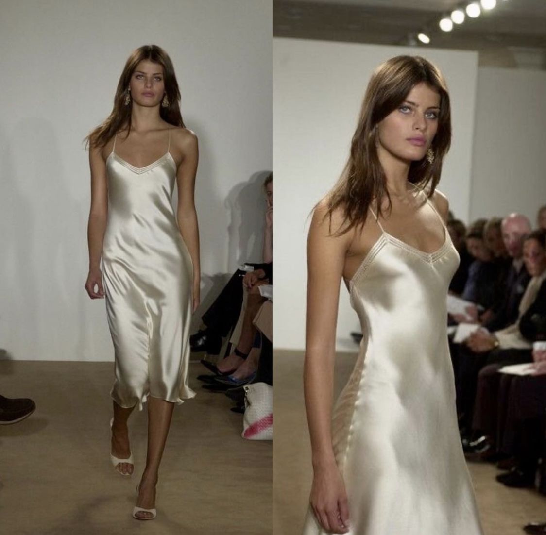 Model on a runway in an ivory satin slip dress with thin straps and minimal styling